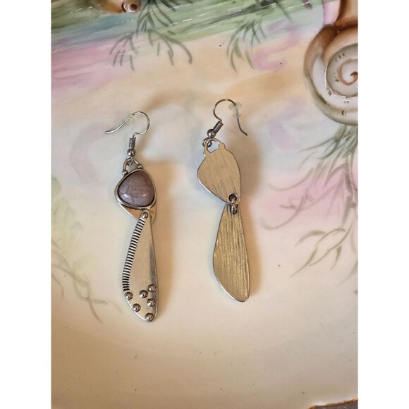 Silver & Purple Stone Dangle Earrings - Picture 3 of 3